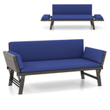 Tangkula Outdoor Convertible Sofa Daybed with Adjustable Armrests, PE Rattan Patio Couch Furniture with Thick Cushions