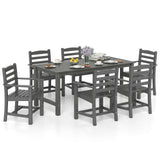 Tangkula 7 Pcs Outdoor Dining Table Set 67” HDPE Weather-Resistant Patio Rectangle Table & 6 Armchairs w/Curved Seat