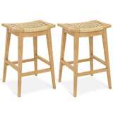 Tangkula Teak Wood Bar Stool, 29” Patio Rattan Barstool with Footrest & Saddle Seat