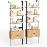 Tangkula Wall-Mounted Ladder Shelf with Rattan-Door Cabinet