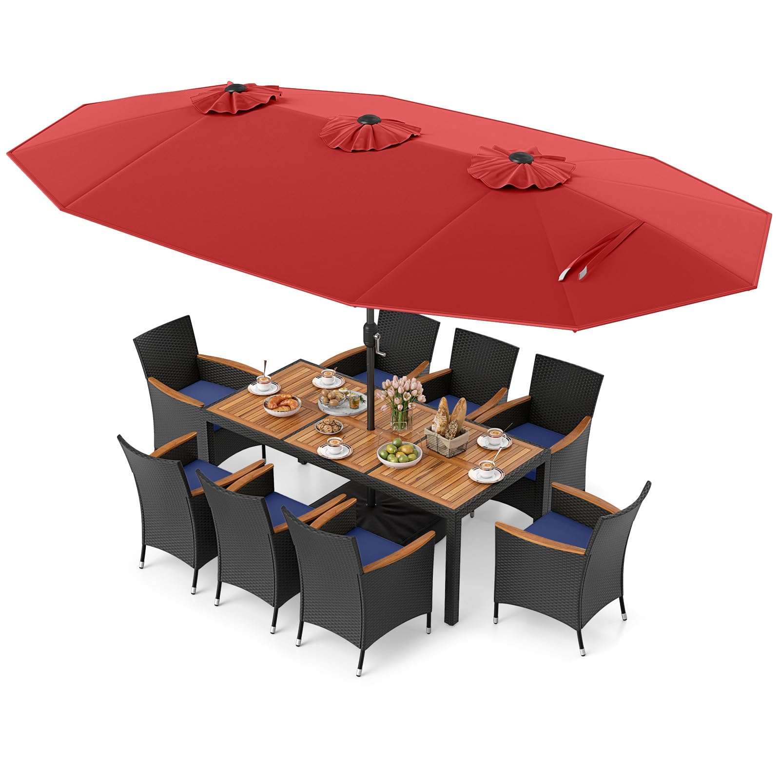 11' patio table umbrella Tangkula 11 Piece Patio Wicker Dining Set w/Double-Sided Patio Umbrella, Orange + Off White