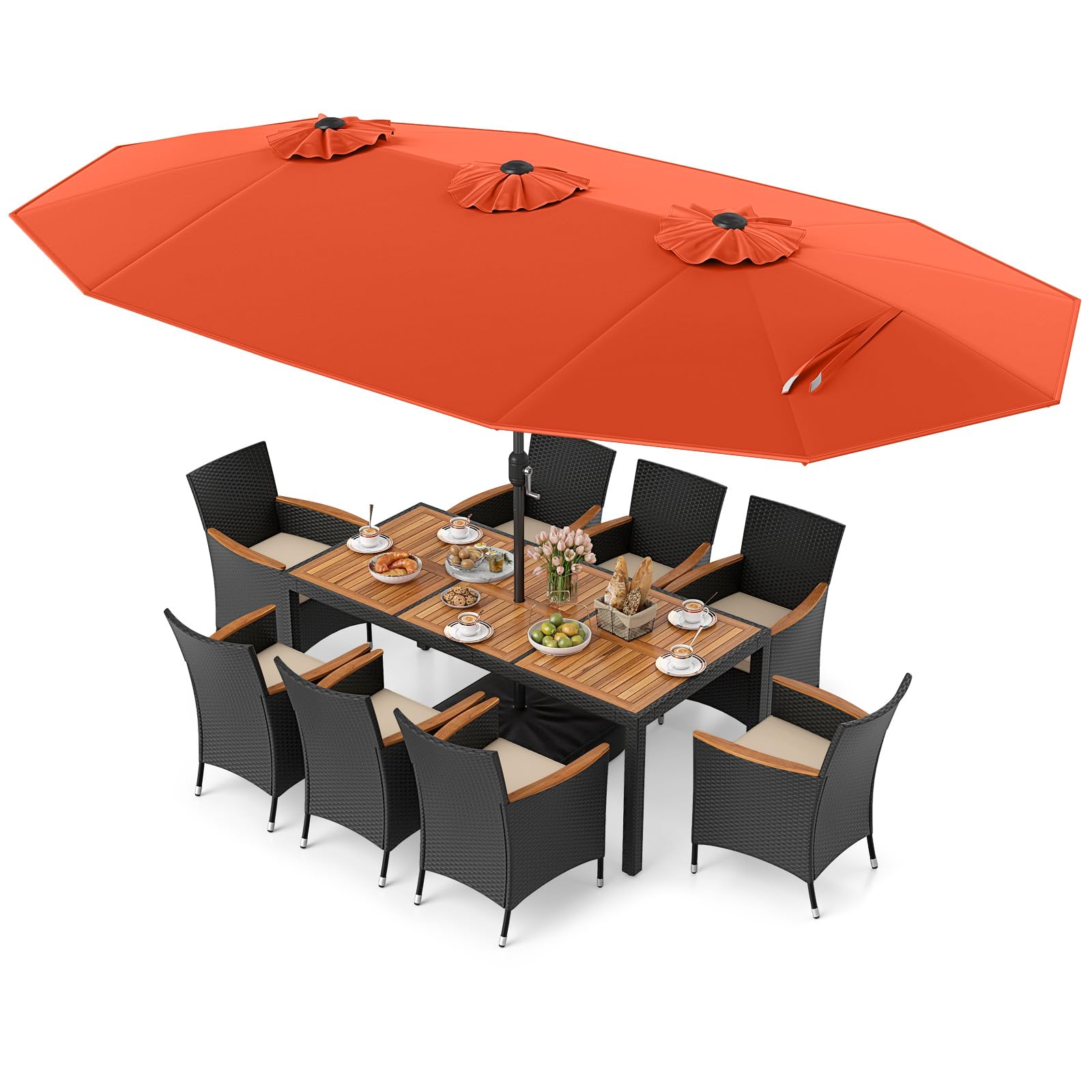 broyerk rattan wood patio umbrella stand dining table Tangkula 11 Piece Patio Wicker Dining Set w/Double-Sided Patio Umbrella, Orange + Off White