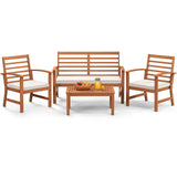 Tangkula 4 Pieces Outdoor Furniture Set, Acacia Wood Conversation Set w/Soft Seat Cushions