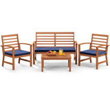 Tangkula 4 Pieces Outdoor Furniture Set, Acacia Wood Conversation Set w/Soft Seat Cushions