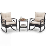 Tangkula 3 Pieces Outdoor Rocking Chairs Set Rattan Heavy Duty Cushioned Rocker Chairs