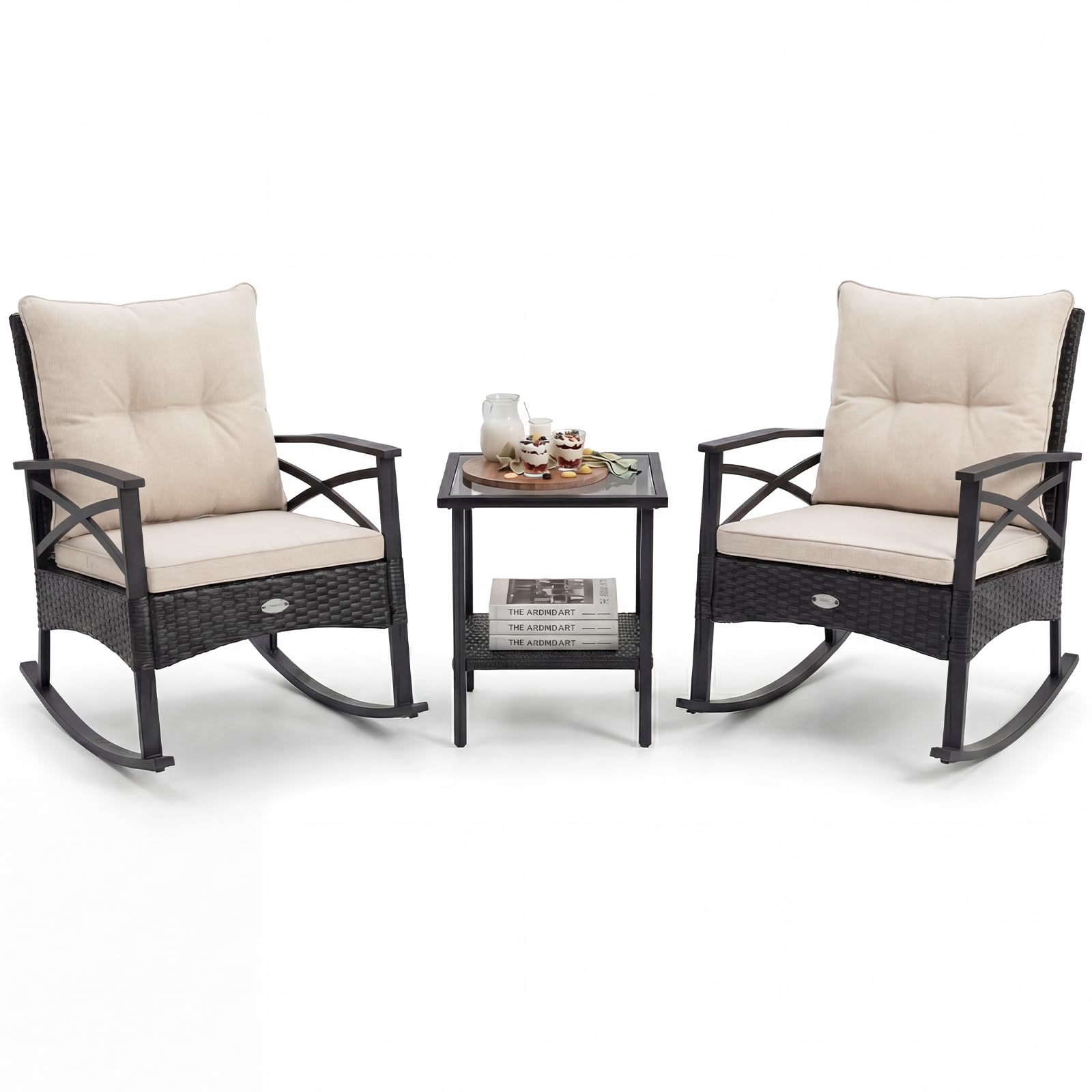 Tangkula 3 Pieces Outdoor Rocking Chairs Set Rattan Heavy Duty Cushioned Rocker Chairs