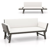 Tangkula Outdoor Convertible Sofa Daybed with Adjustable Armrests, PE Rattan Patio Couch Furniture with Thick Cushions