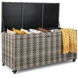 Tangkula 96 Gallon Deck Box, PE Wicker Outdoor Storage Box with 4 Wheels and Waterproof Zippered Liner