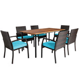 Tangkula 7 Pieces Patio Dining Set, Acacia Wood Wicker Dining Furniture Set with Sturdy Steel Frame & Umbrella Hole