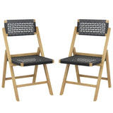 Tangkula Set of 2 Patio Folding Chairs, Solid Teak Wood Dining Chairs with Woven Rope Seat & Back