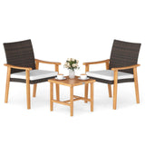 Tangkula 3 Pieces Patio PE Wicker Furniture Set Acacia Wood Outdoor Conversation Bistro Set