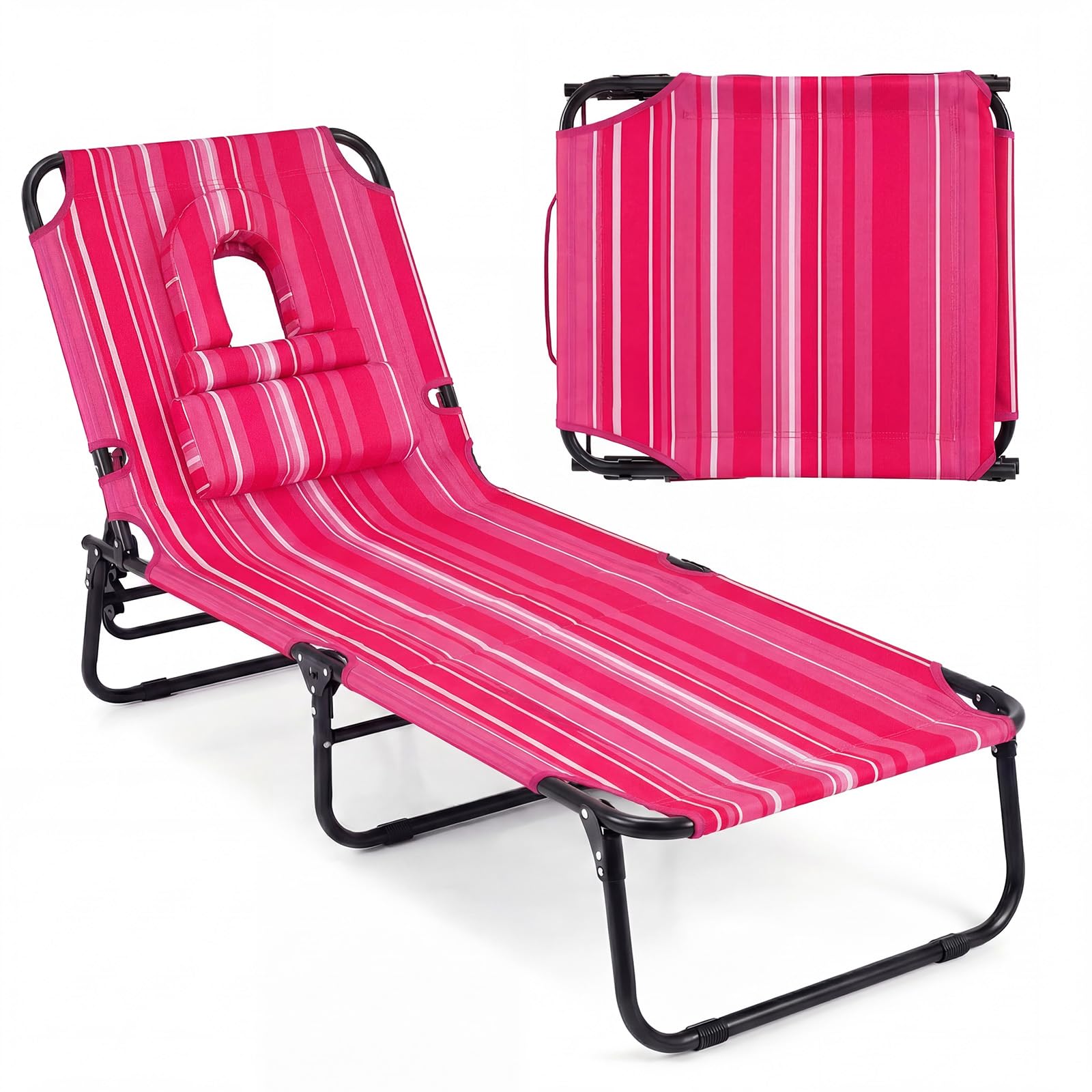 Tangkula Beach Lounge Chair, Folding Sunbathing Recliner with Face Hole