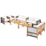 Outdoor Wood Furniture Set, Acacia Wood Frame Loveseat Sofa, 2 Single Chairs and Coffee Table