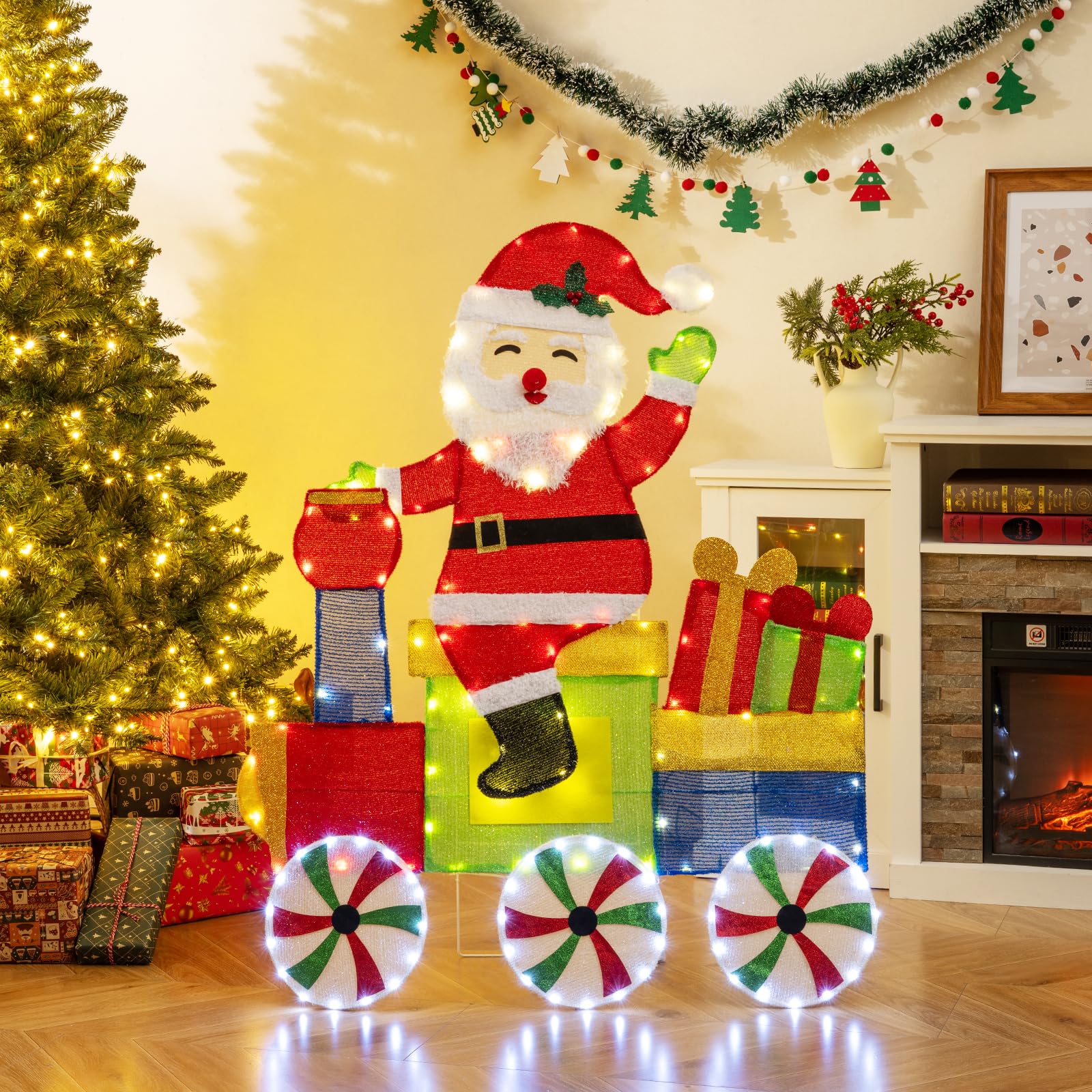 Tangkula Lighted Santa on Train Christmas Decoration with LED Lights