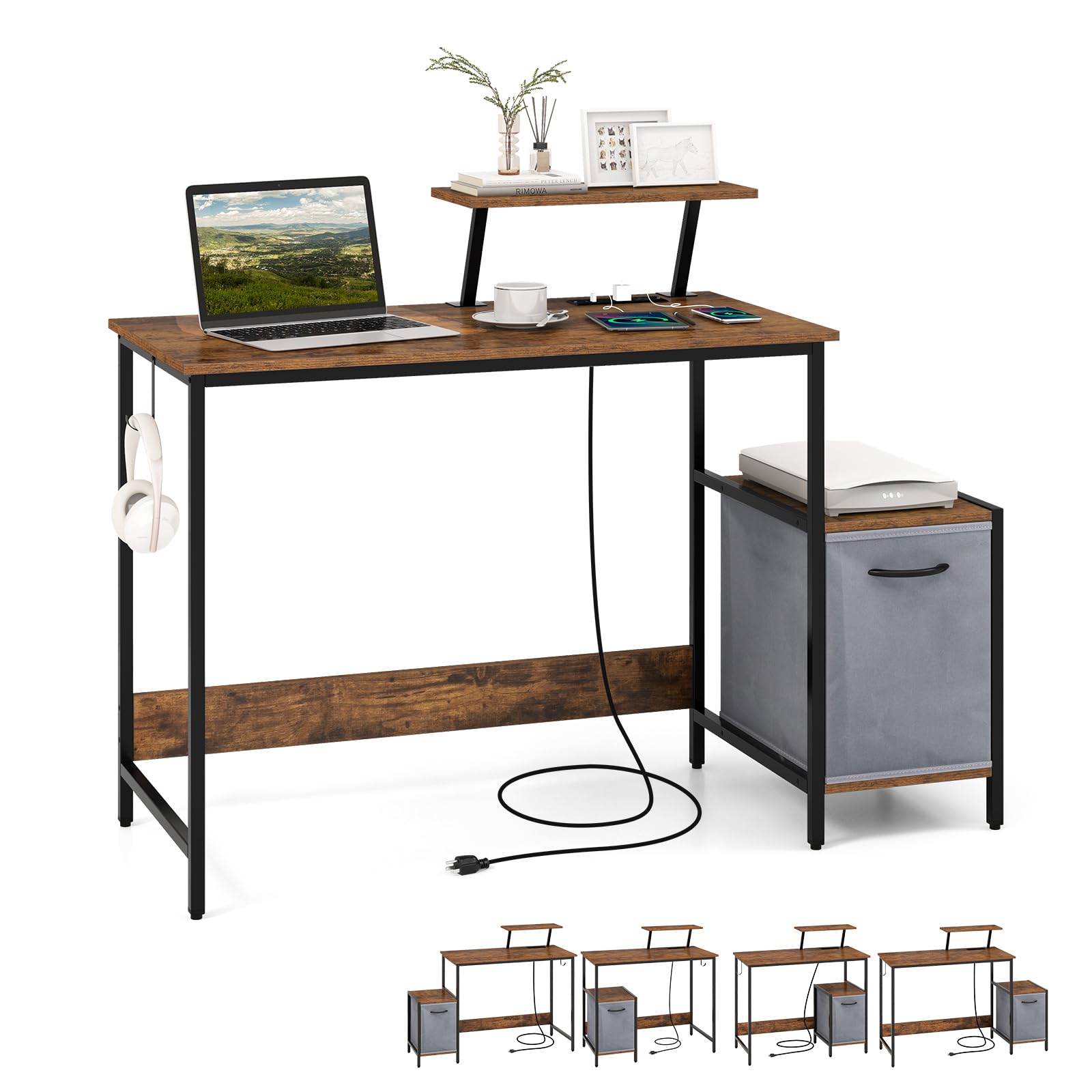 Computer Desk with Reversible Fabric Drawer & Moveable Shelf