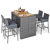 Tangkula 5 Piece Patio PE Wicker Bar Set, Acacia Wood Bar Height Table & 4 Rattan Bar Stool Chairs (Off White)