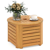 Tangkula 2-in-1 Outdoor Side Table with Storage Acacia Wood Slatted Coffee Table Square and Round Slatted End Storage Box