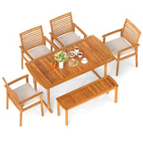 Tangkula 6 Pieces Outdoor Acacia Wood Dining Set with Umbrella Hole and 4 Cushioned Chairs and Bench