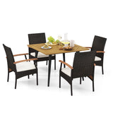 Tangkula 5 Pieces Patio PE Wicker Dining Set, 42.5” Square Acacia Wood Dining Table with 1.9” Umbrella Hole