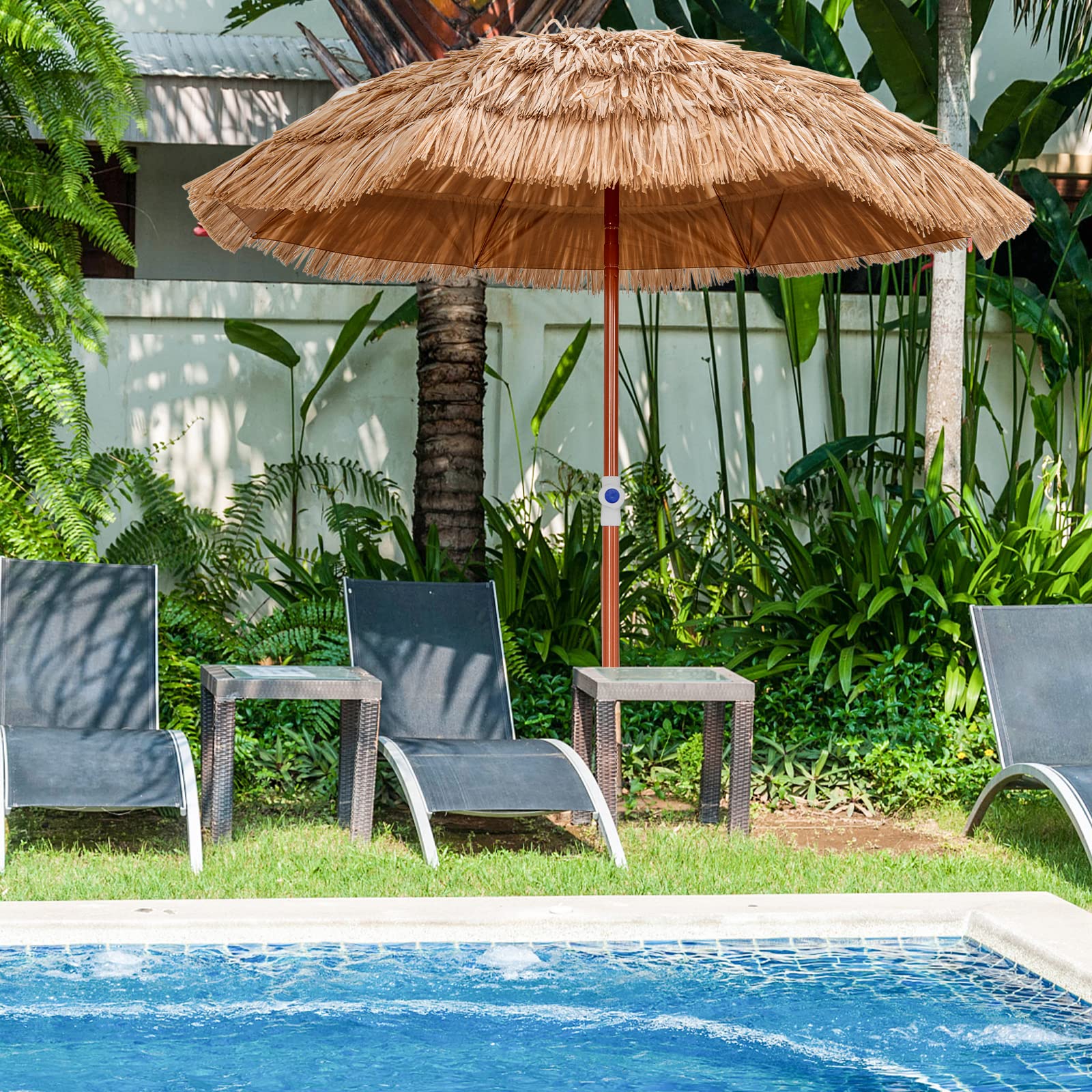 Tangkula 6ft Tiki Patio Umbrella, Tropical Hawaiian PP Grass Thatched Market Table Umbrella with Carrying Bag, Tilt Design, Foldable & Portable Design