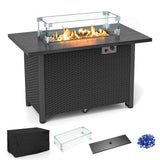 Tangkula Outdoor Propane Fire Pit Table, 42 Inch Rectangular Rattan Fire Table with Wind Guard & Glass Rocks