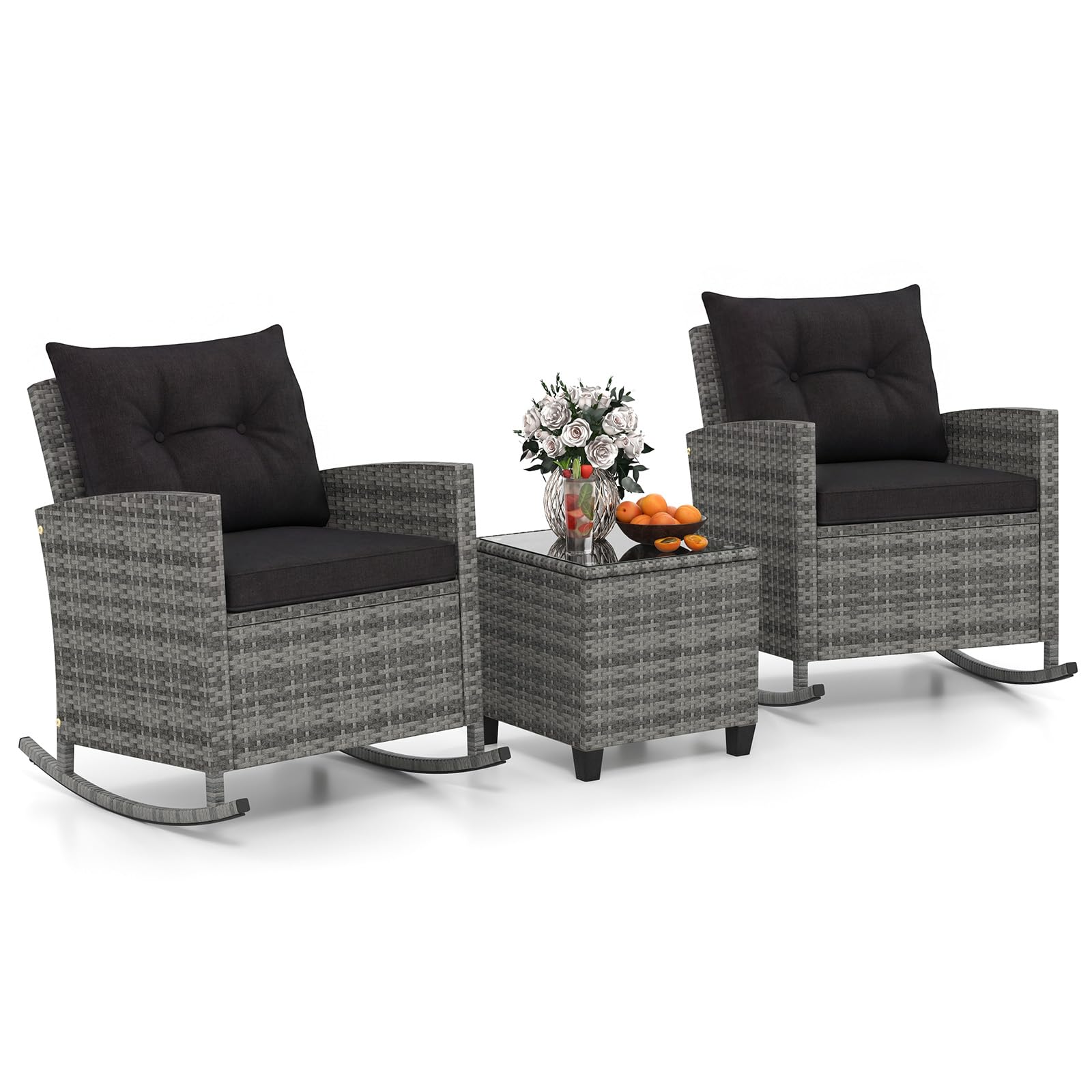 Tangkula 3 Piece Wicker Rocking Set, Patio Rattan Roker Chairs with Tempered Glass Table & Soft Cushions