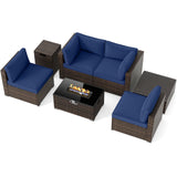 Tangkula 7 Pieces Wicker Patio Furniture Set with 40,000 BTU Gas Fire Pit Table & Propane Tank Cover Table & Glass Top Coffee Table