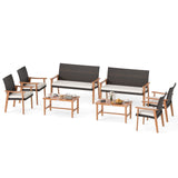 Tangkula PE Rattan Outdoor Cushioned Conversation Chairs with Acacia Wood Coffee Table