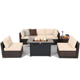 Tangkula 7 Piece Patio Furniture Set with Fire Pit Table, Includes 42 Inches 60,000 BTU Propane Rectangle Fire Pit Table