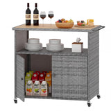 Tangkula Rattan Outdoor Storage Cabinet with Acacia Wood Countertop Open Compartment Storage Shelf