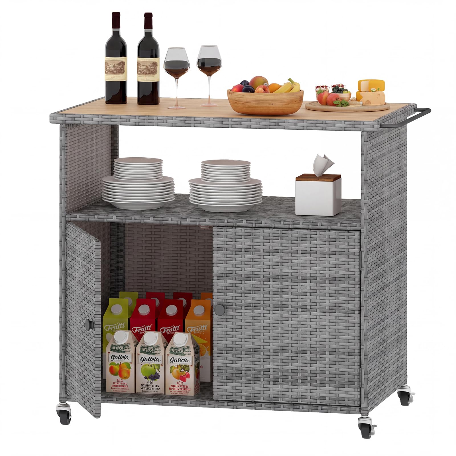 Tangkula Rattan Outdoor Storage Cabinet with Acacia Wood Countertop Open Compartment Storage Shelf
