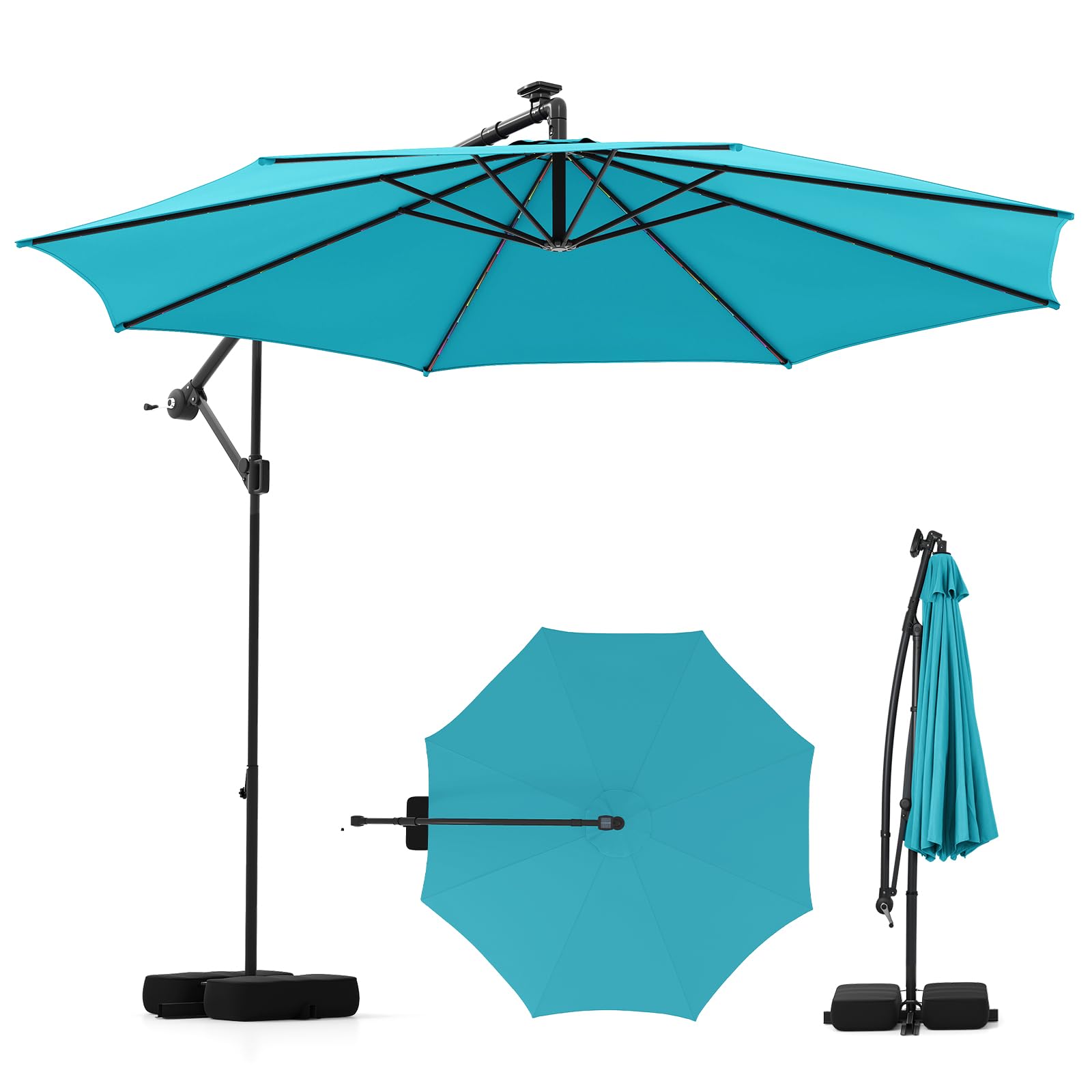 Tangkula 10 ft Solar Cantilever Patio Umbrella with Base, Turquoise Tangkula 10 ft Solar Cantilever Patio Umbrella with Base, Turquoise