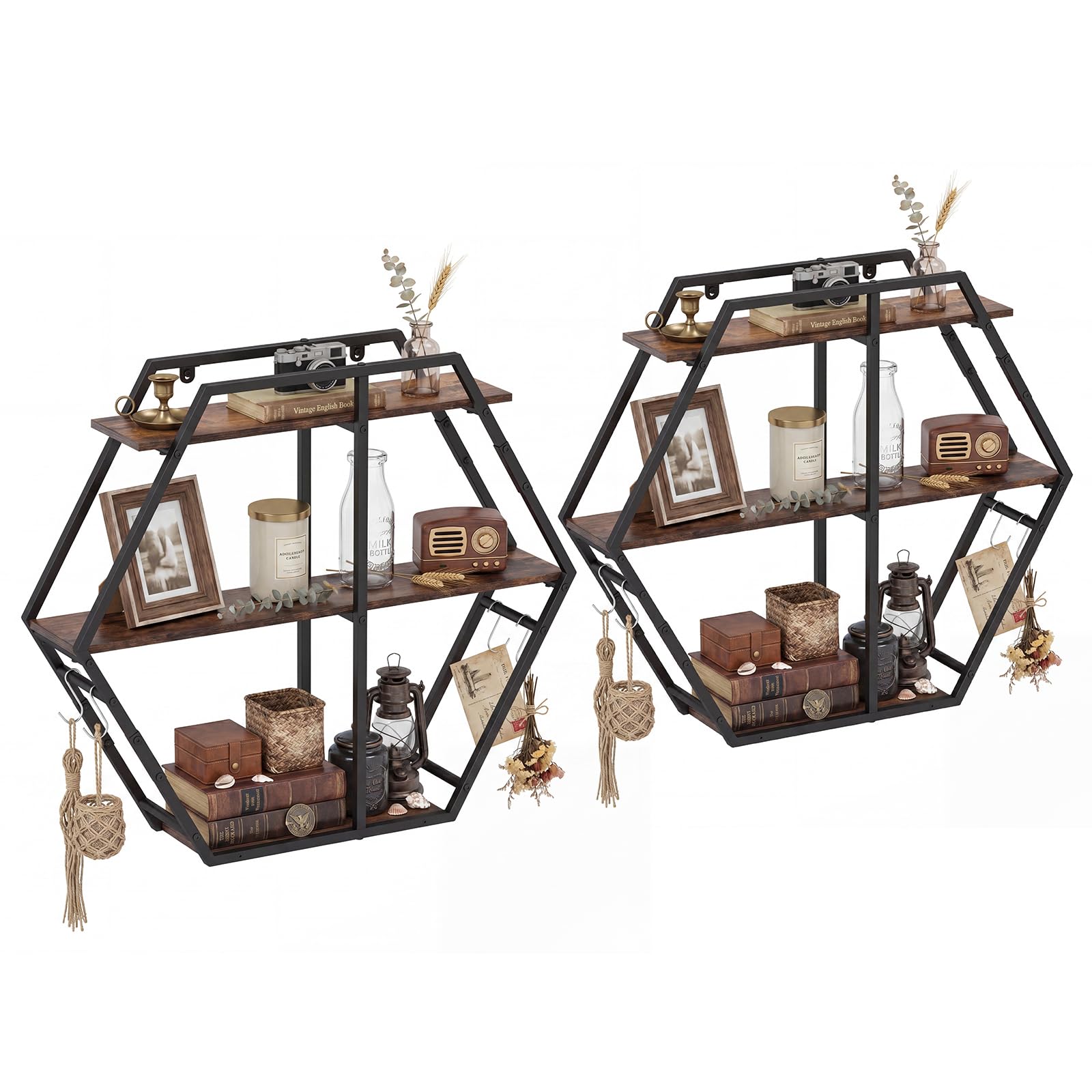 Tangkula Hexagon Wall Shelf with 4 S-Shaped Hooks & Heavy Duty Metal Frame