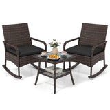 Tangkula 3-Piece Outdoor Wicker Rocking Bistro Set w/ 2-Tier Coffee Table