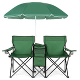 Tangkula Double Camping Chairs with Umbrella, Portable 2 Seat Folding Camp Chair with Cooler Bag