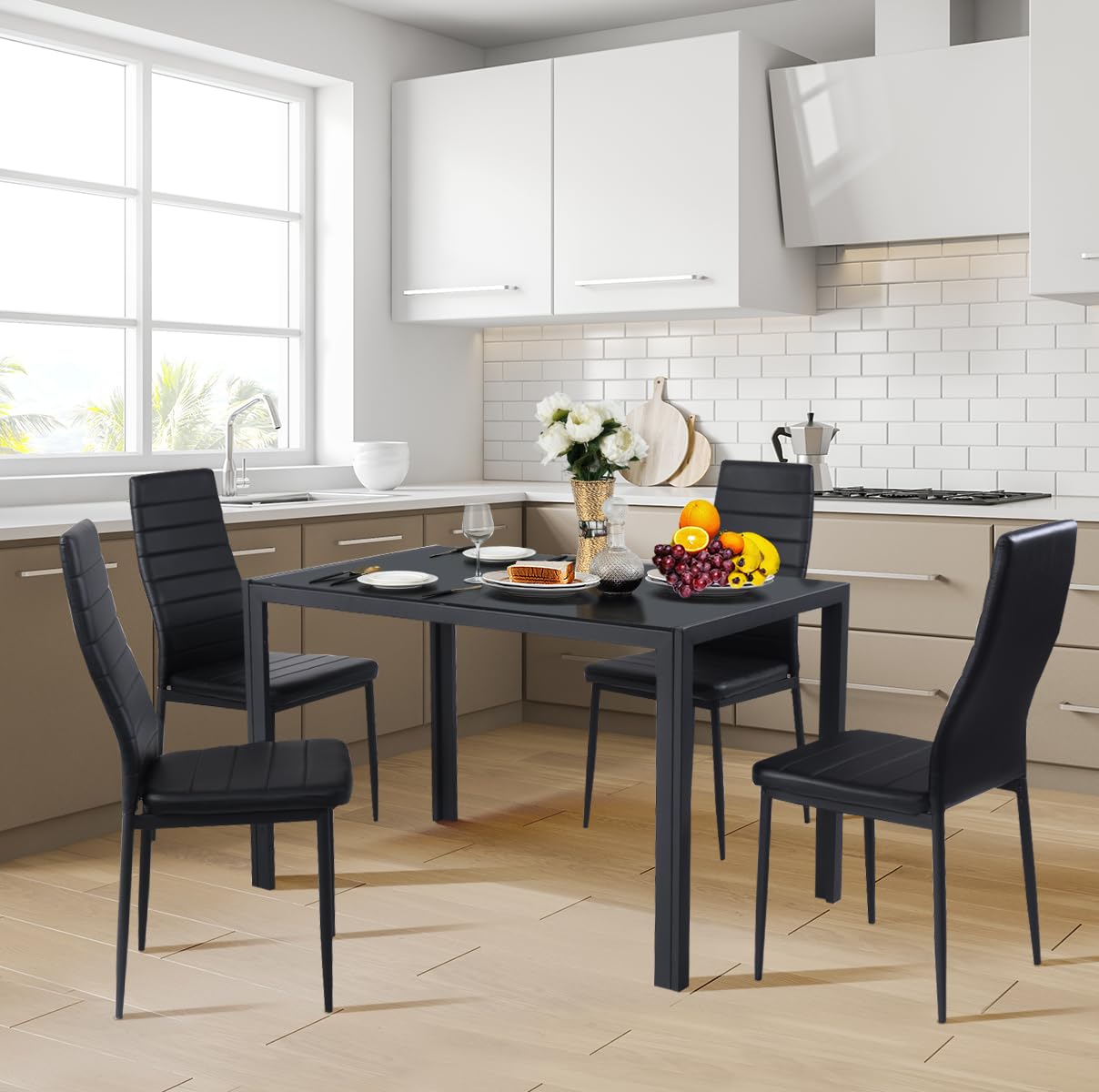 Tangkula 5 PCS Dining Table Set Modern Tempered Glass Top and PVC Leather Chair