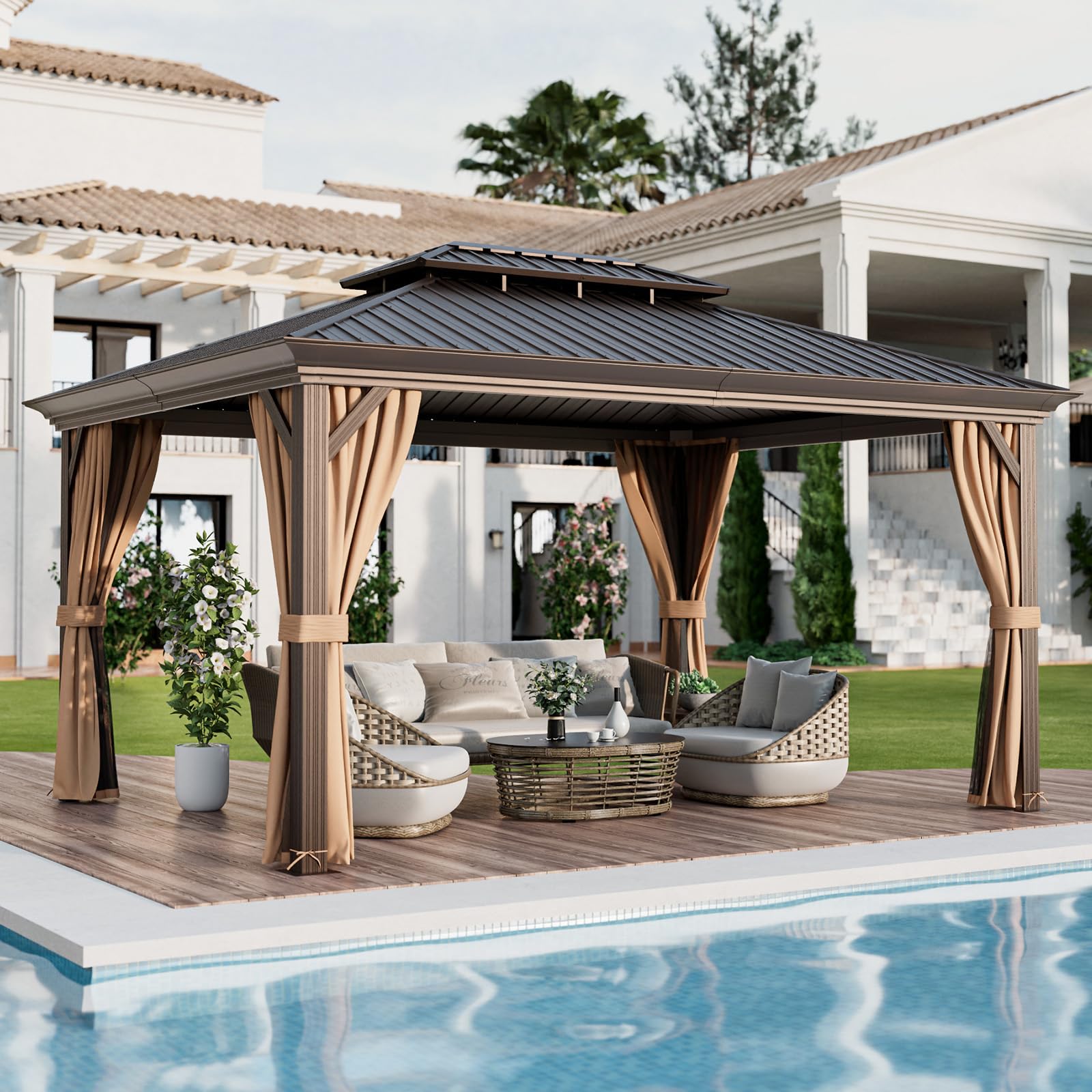 Tangkula 12x16 Ft Hardtop Gazebo, Double-Roof Patio Gazebo with Galvanized Steel Roof, Permanent Pavilion Gazebo