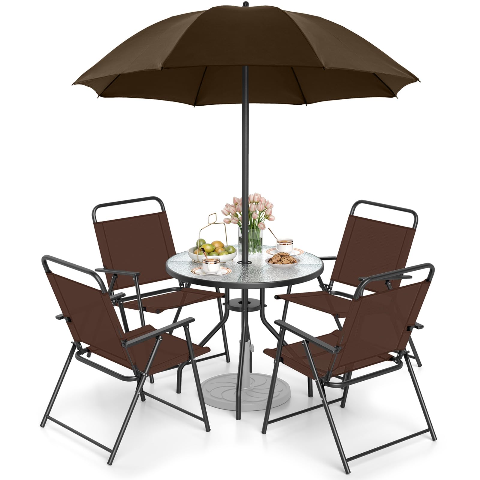 6 piece patio set with umbrella folding Tangkula 6 Piece Folding Patio Dining Set, Outdoor Table Chair Set for 4, Brown