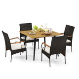 Tangkula 5 Pieces Patio PE Wicker Dining Set, 42.5” Square Acacia Wood Dining Table and Chairs with Cushions