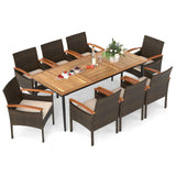Tangkula 9 Pieces Outdoor Rectangle Acacia Wood Table and Cushioned Chairs Set with 1.9” Umbrella Hole