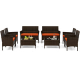 Tangkula 4/8 Piece Patio Rattan Conversation Set, Outdoor Wicker Furniture Set with Chair, Loveseat & Tempered Glass Table