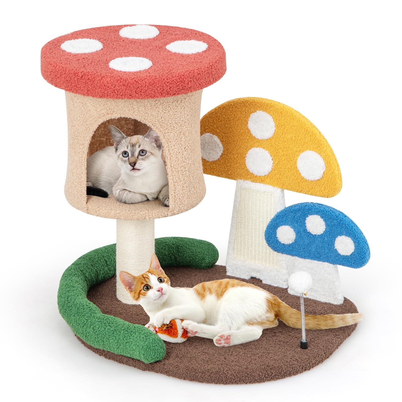 Tangkula Mushroom Cat Tree, Cute Cat Tower with Full-Wrapped Sisal Post, Scratching Board & Spring Ball