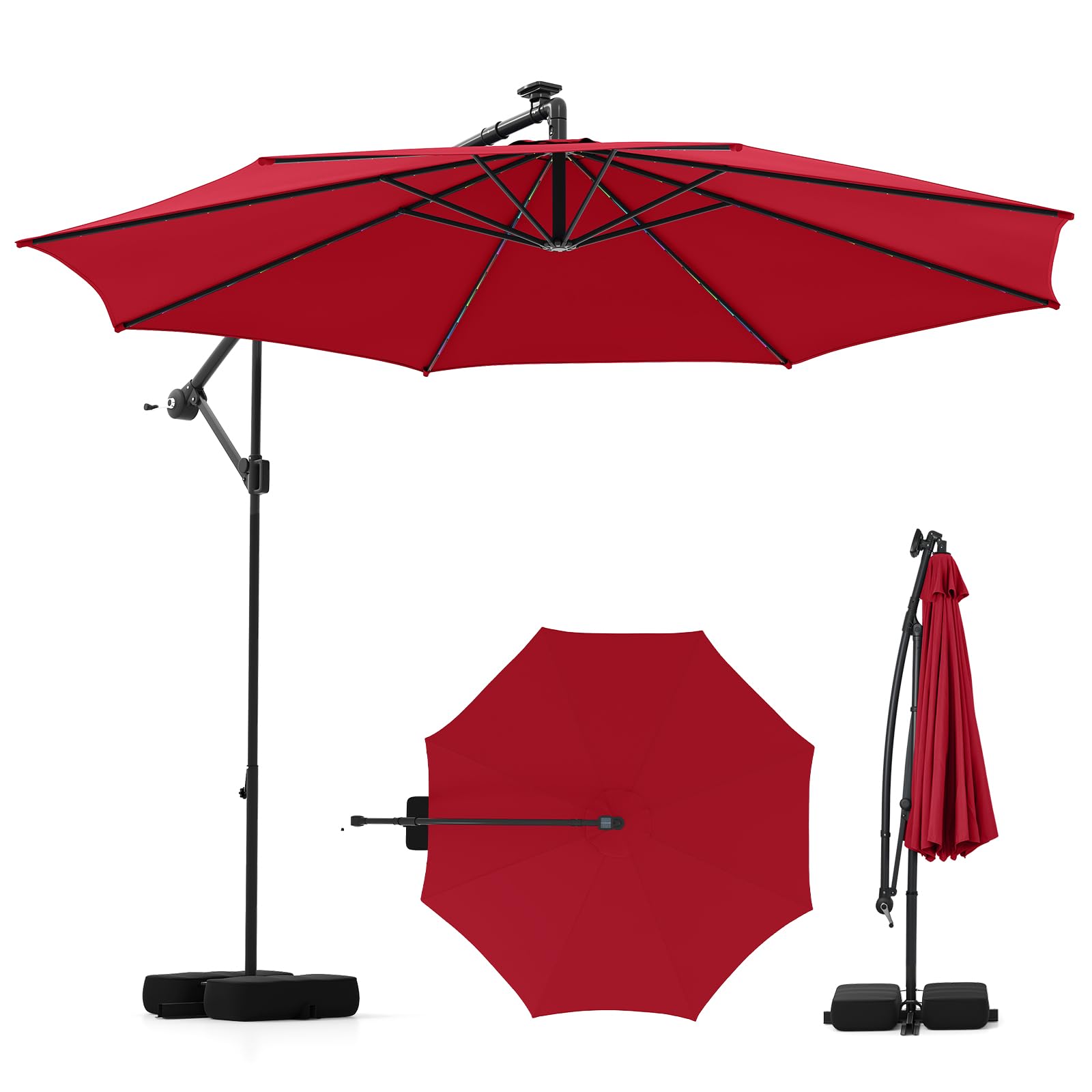 Tangkula 10 ft Solar Cantilever Patio Umbrella with Base, Red Tangkula 10 ft Solar Cantilever Patio Umbrella with Base, Red