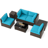 Tangkula 7 Pieces Wicker Patio Furniture Set with 40,000 BTU Gas Fire Pit Table & Propane Tank Cover Table & Glass Top Coffee Table