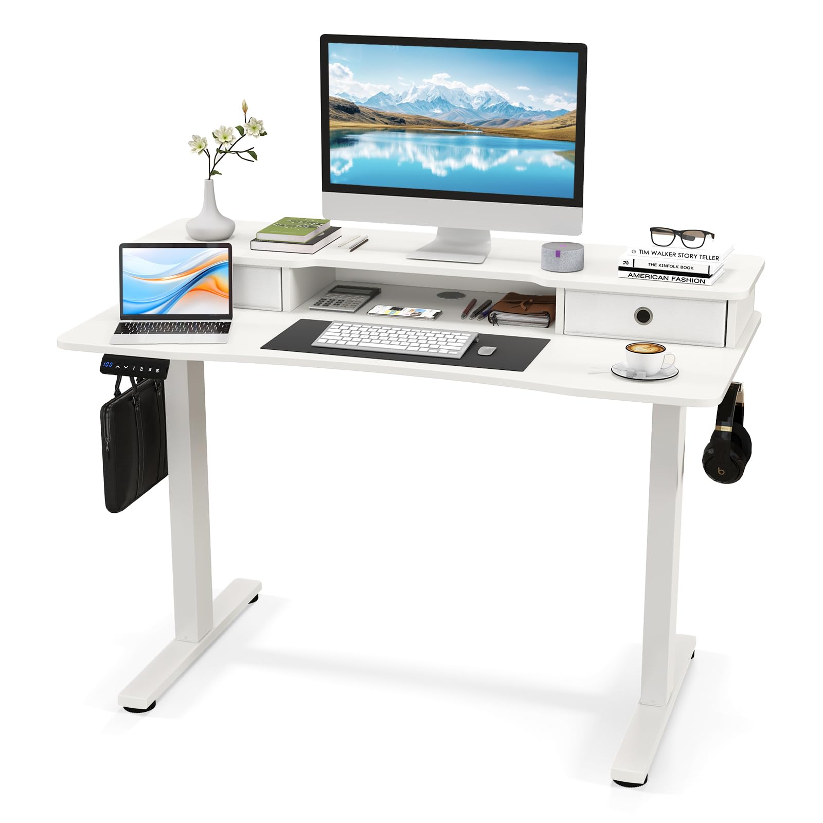 Tangkula Standing Desk with Drawers, Electric Stand-up Desk with Monitor Stand
