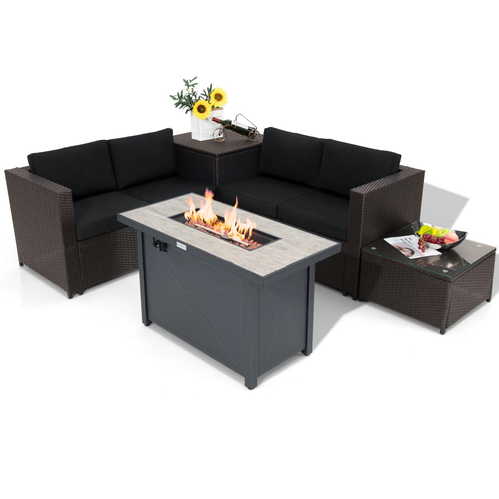 Tangkula 5-Piece Patio Furniture Set with 42 Inches Propane Fire Pit Table, Outdoor Wicker Conversation Set with Cushions
