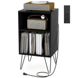 Tangkula Record Player Stand with Charging Station, Turntable Stand with Metal Legs, Vinyl Record Storage Cabinet