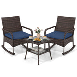 Tangkula 3-Piece Outdoor Wicker Rocking Bistro Set w/ 2-Tier Coffee Table