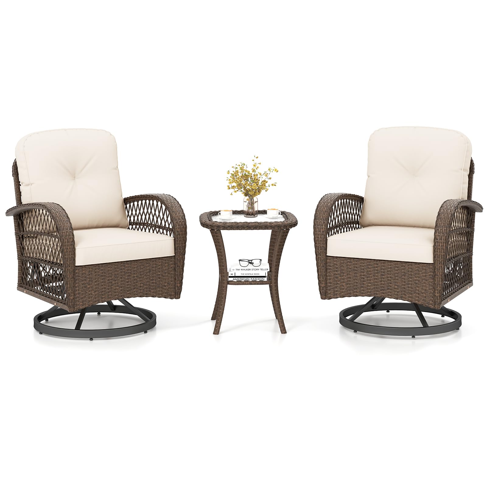 Tangkula 3 Piece Patio Swivel Rocker Set with Tempered Glass Side Table