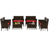 Tangkula 4/8 Piece Patio Rattan Conversation Set, Outdoor Wicker Furniture Set with Chair, Loveseat & Tempered Glass Table